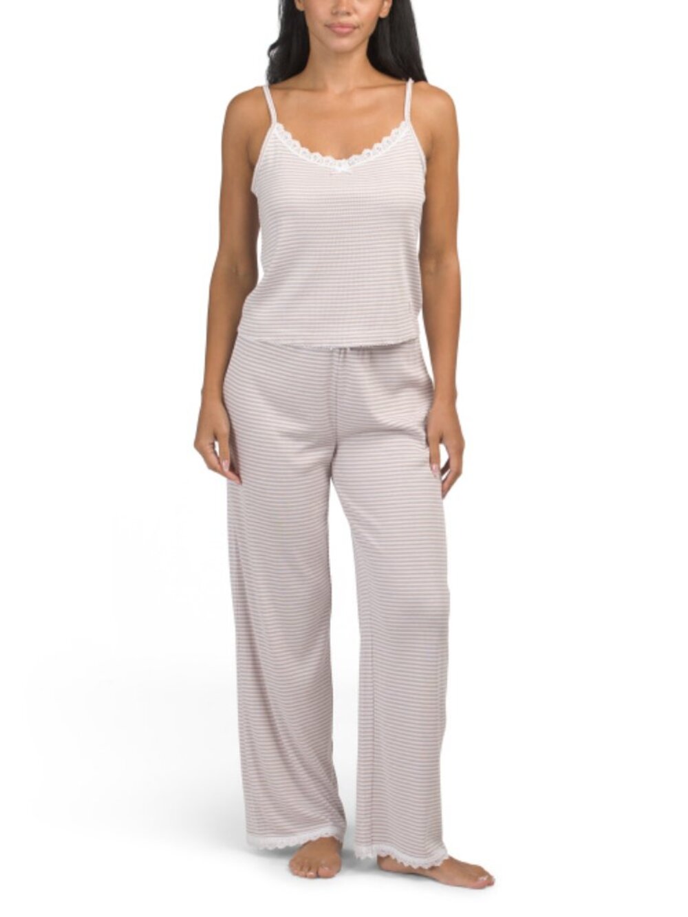 New Rachel Ashwell Lace Trim Striped Oatmeal Camisole/Pants Pajama Set Small NWT
